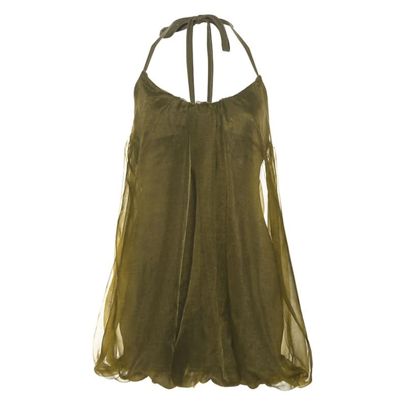 Effortless Chic Olive Sheer Halter Bubble Mini Dress - Fall Evening & Resort Ready