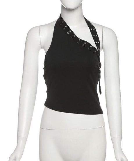 Edgy Black Halter Top for Women – Grommet & Buckle Detail for Fall & Halloween Parties