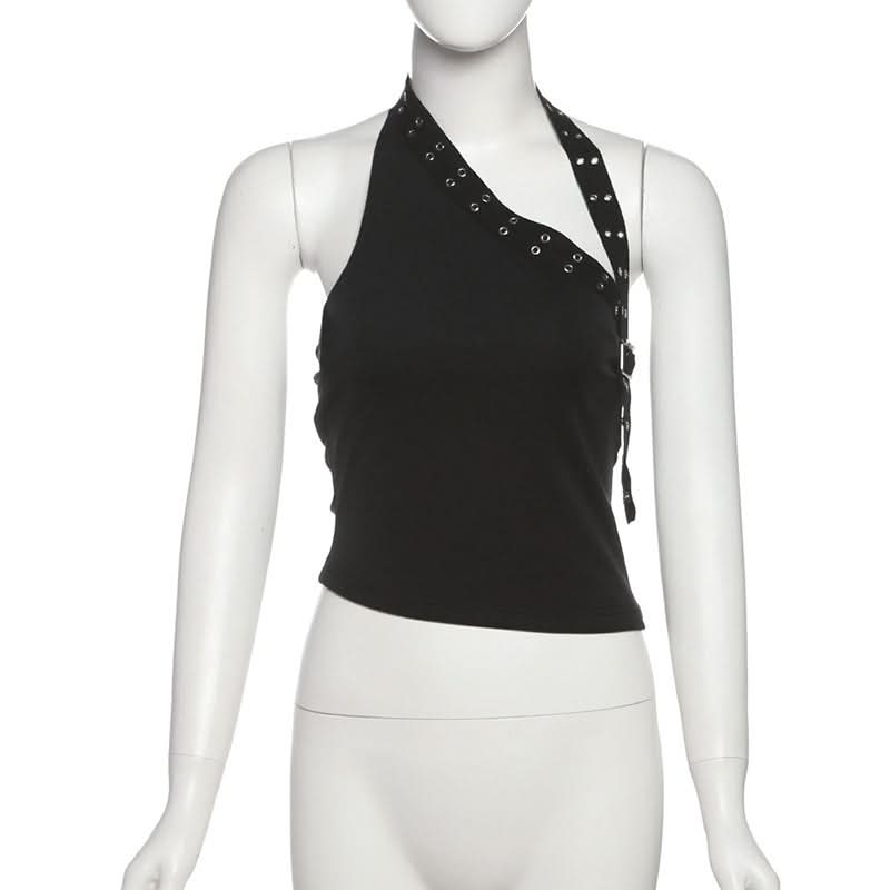 Edgy Black Halter Top for Women – Grommet & Buckle Detail for Fall & Halloween Parties