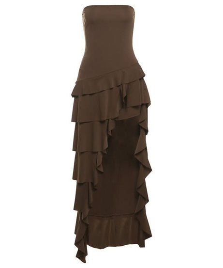 Autumn Glamour: Strapless Ruffle High-Low Maxi Dress - Your Chocolate Brown Fall Statement Piece