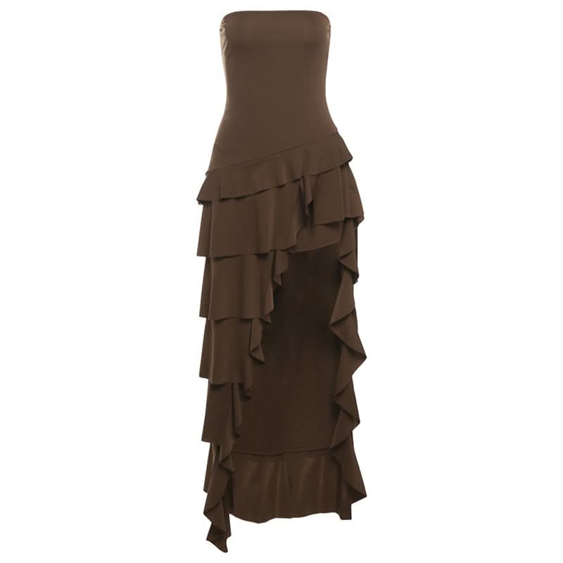 Autumn Glamour: Strapless Ruffle High-Low Maxi Dress - Your Chocolate Brown Fall Statement Piece