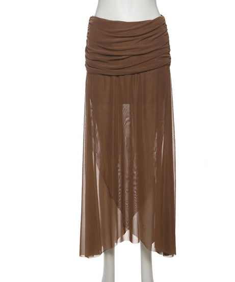 Effortless Fall Chic: Chocolate Ruched Sheer Mesh Maxi Skirt with Asymmetric Hem