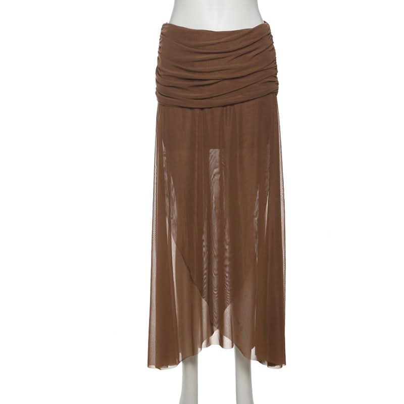 Effortless Fall Chic: Chocolate Ruched Sheer Mesh Maxi Skirt with Asymmetric Hem