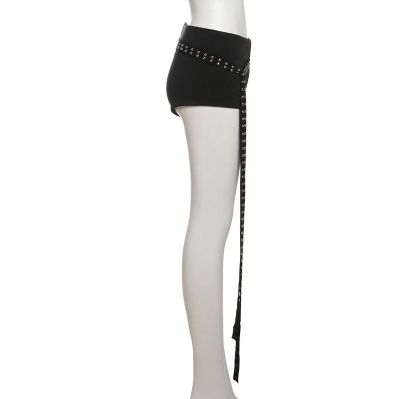 Fall's Edgy Obsession: Studded Low-Rise Shorts with Cascading Strap