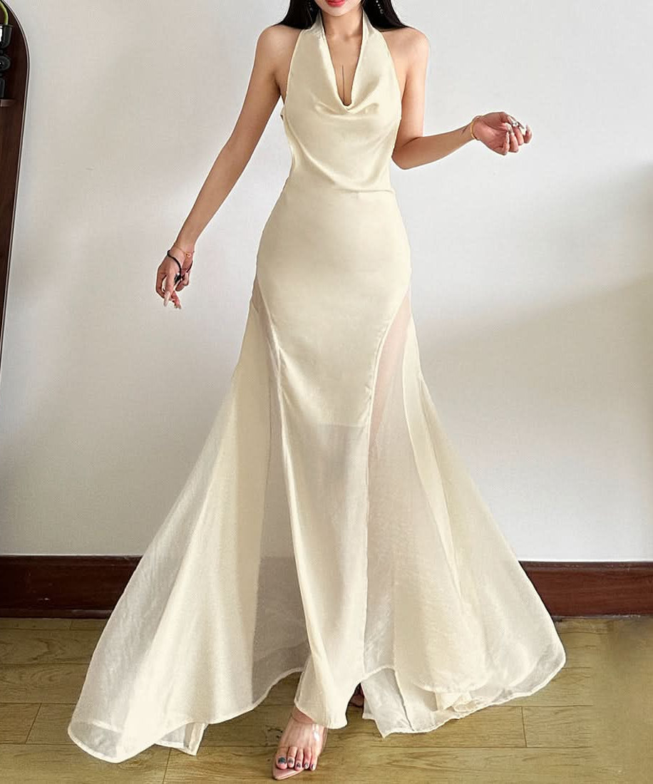 Elegant Cowl Neck Sheer Panel Maxi Dress | Holiday & New Year's Eve Glamour