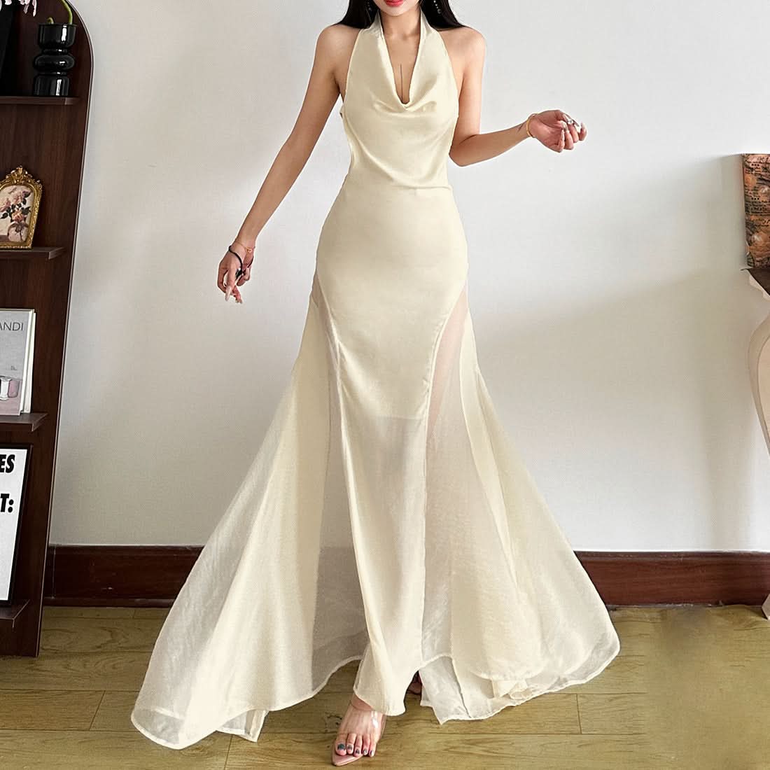 Elegant Cowl Neck Sheer Panel Maxi Dress | Holiday & New Year's Eve Glamour