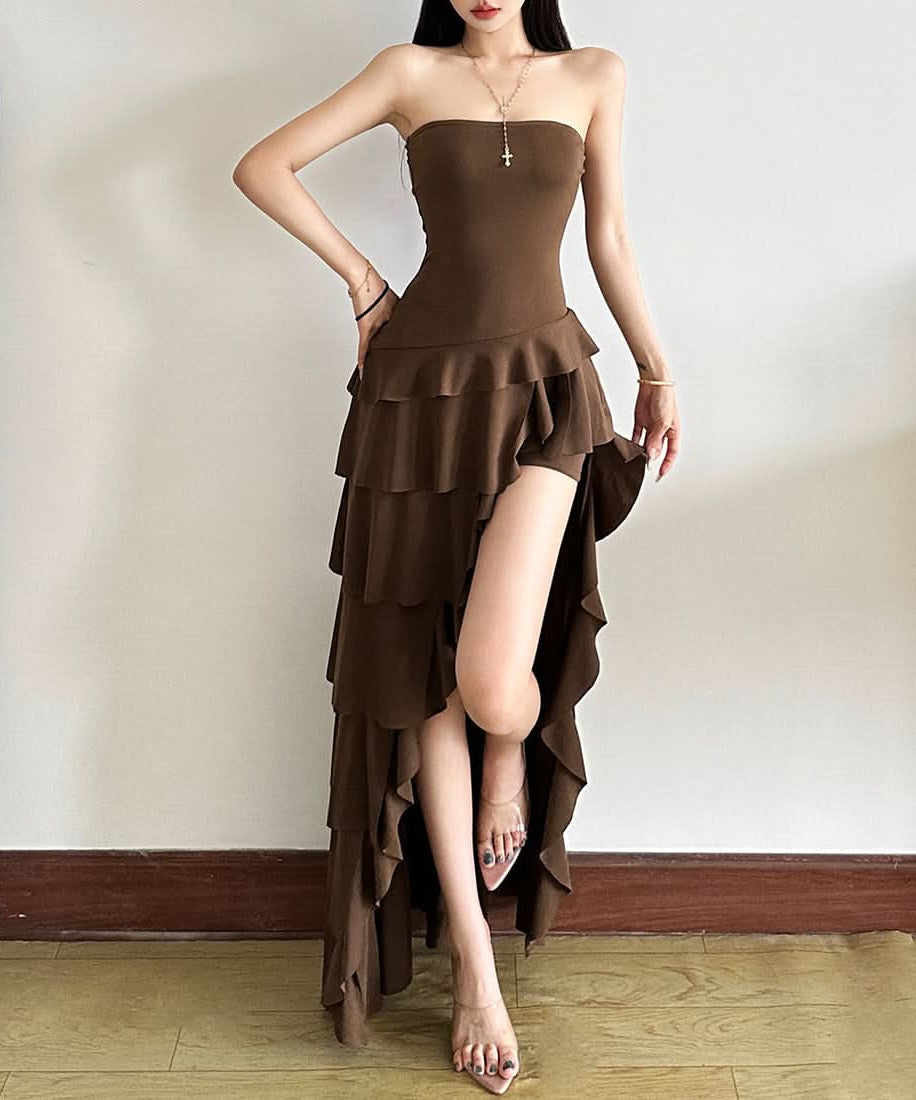Autumn Glamour: Strapless Ruffle High-Low Maxi Dress - Your Chocolate Brown Fall Statement Piece