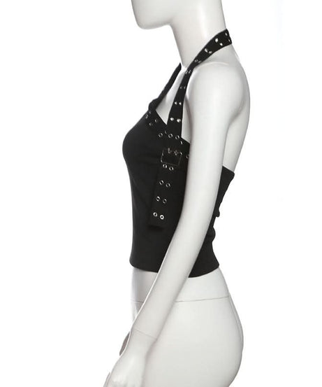 Edgy Black Halter Top for Women – Grommet & Buckle Detail for Fall & Halloween Parties