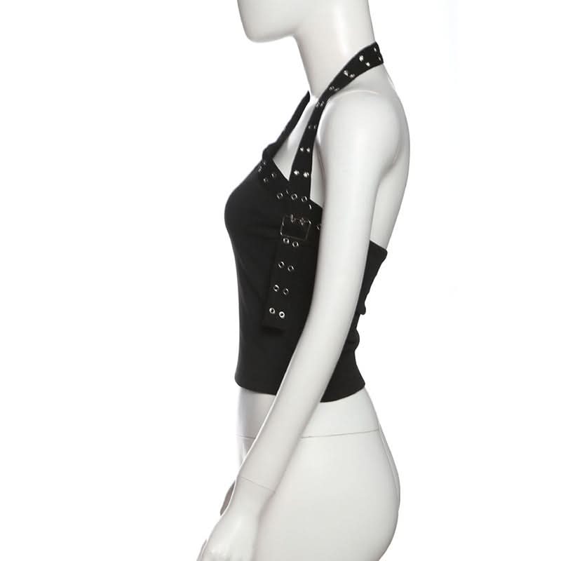 Edgy Black Halter Top for Women – Grommet & Buckle Detail for Fall & Halloween Parties