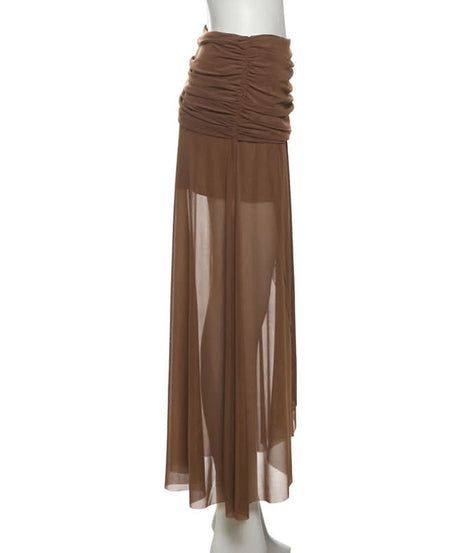 Effortless Fall Chic: Chocolate Ruched Sheer Mesh Maxi Skirt with Asymmetric Hem