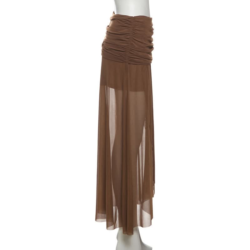 Effortless Fall Chic: Chocolate Ruched Sheer Mesh Maxi Skirt with Asymmetric Hem