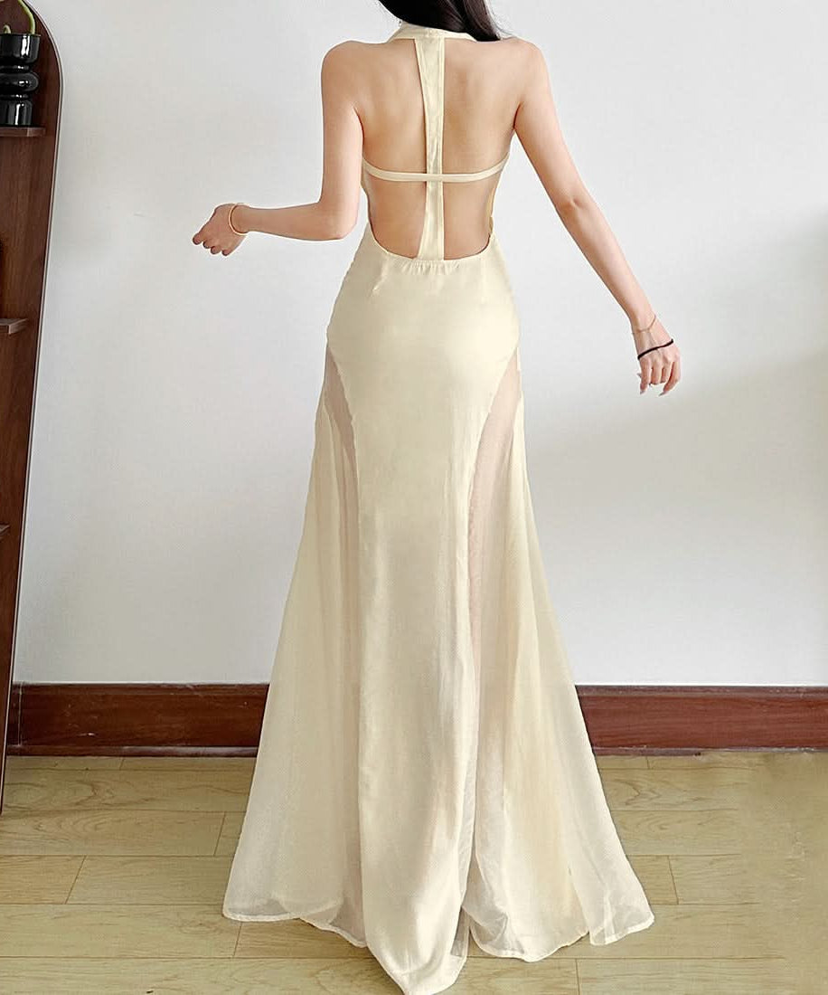 Elegant Cowl Neck Sheer Panel Maxi Dress | Holiday & New Year's Eve Glamour