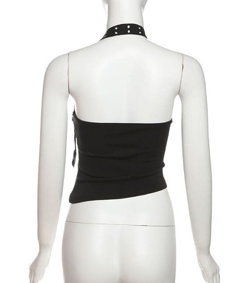 Edgy Black Halter Top for Women – Grommet & Buckle Detail for Fall & Halloween Parties