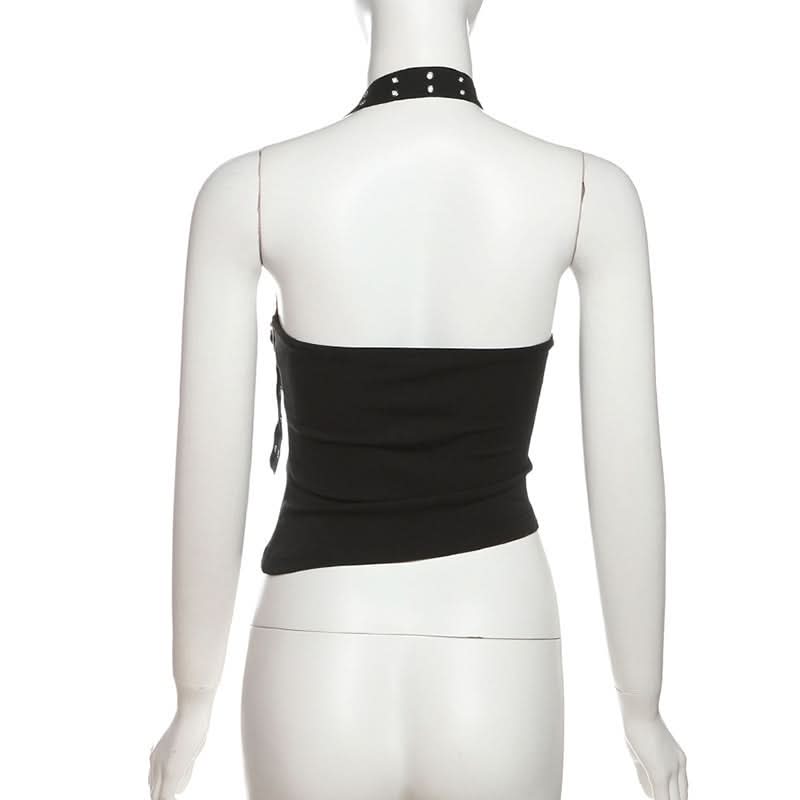 Edgy Black Halter Top for Women – Grommet & Buckle Detail for Fall & Halloween Parties
