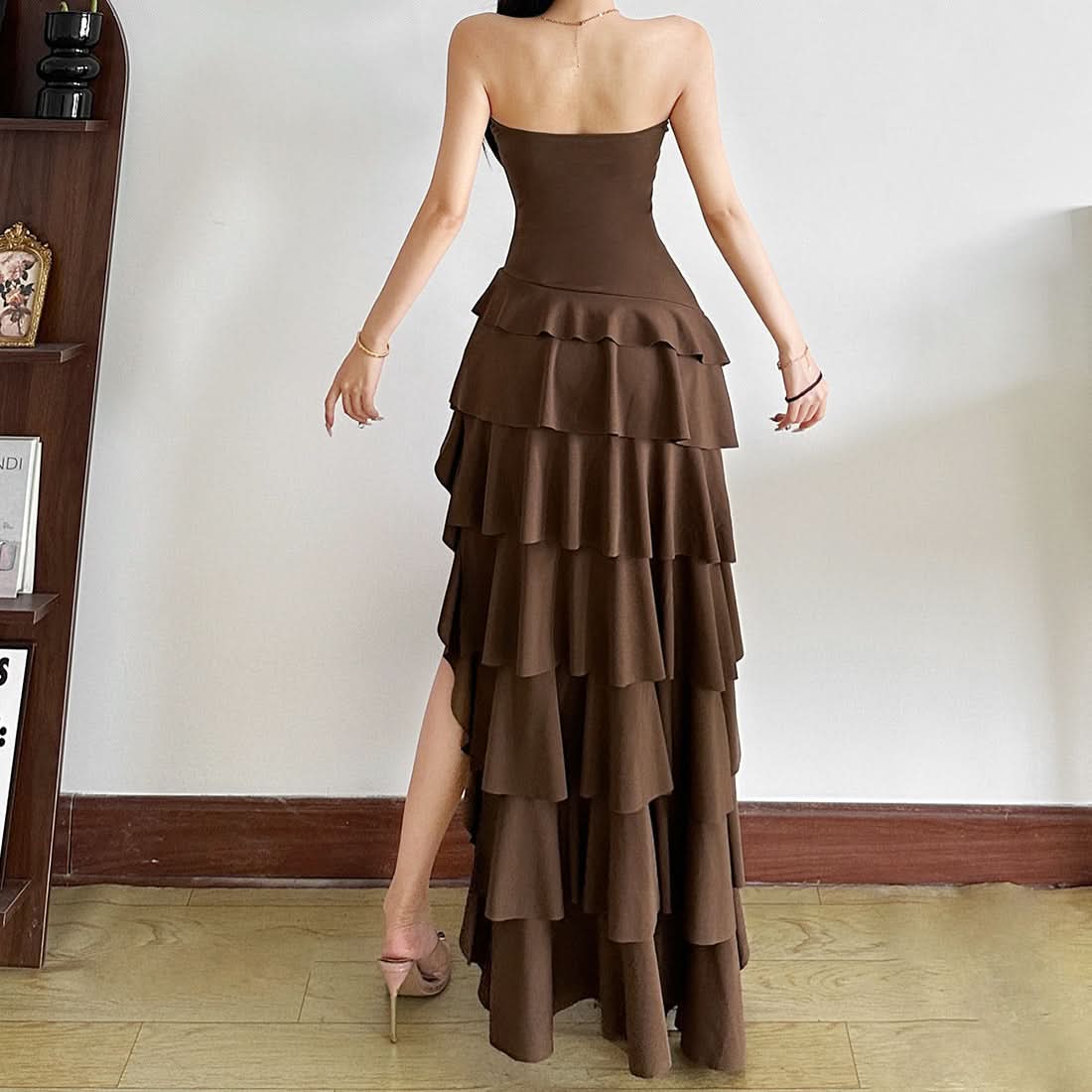 Autumn Glamour: Strapless Ruffle High-Low Maxi Dress - Your Chocolate Brown Fall Statement Piece