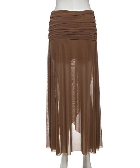 Effortless Fall Chic: Chocolate Ruched Sheer Mesh Maxi Skirt with Asymmetric Hem