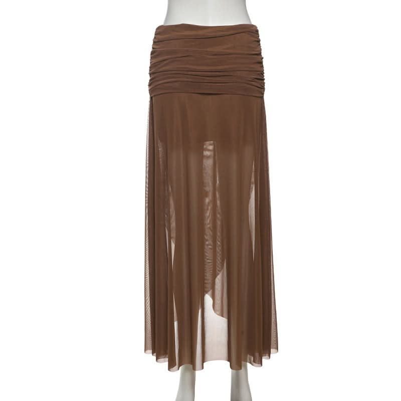 Effortless Fall Chic: Chocolate Ruched Sheer Mesh Maxi Skirt with Asymmetric Hem