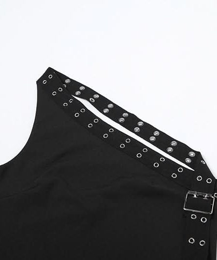 Edgy Black Halter Top for Women – Grommet & Buckle Detail for Fall & Halloween Parties