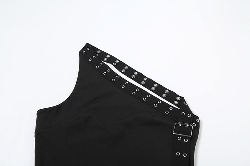 Edgy Black Halter Top for Women – Grommet & Buckle Detail for Fall & Halloween Parties