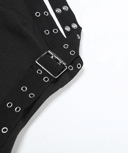 Edgy Black Halter Top for Women – Grommet & Buckle Detail for Fall & Halloween Parties