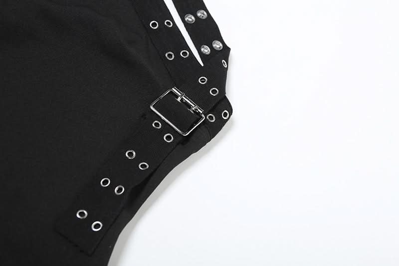 Edgy Black Halter Top for Women – Grommet & Buckle Detail for Fall & Halloween Parties