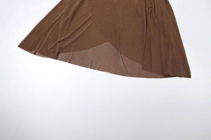 Effortless Fall Chic: Chocolate Ruched Sheer Mesh Maxi Skirt with Asymmetric Hem