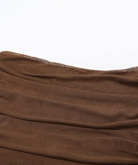 Effortless Fall Chic: Chocolate Ruched Sheer Mesh Maxi Skirt with Asymmetric Hem