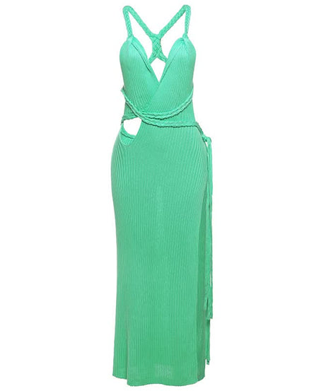 Coastal Chic Mint Green Braided Cut-Out Maxi Dress – Ribbed Knit V-Neck & Slit – Fall Getaway Ready