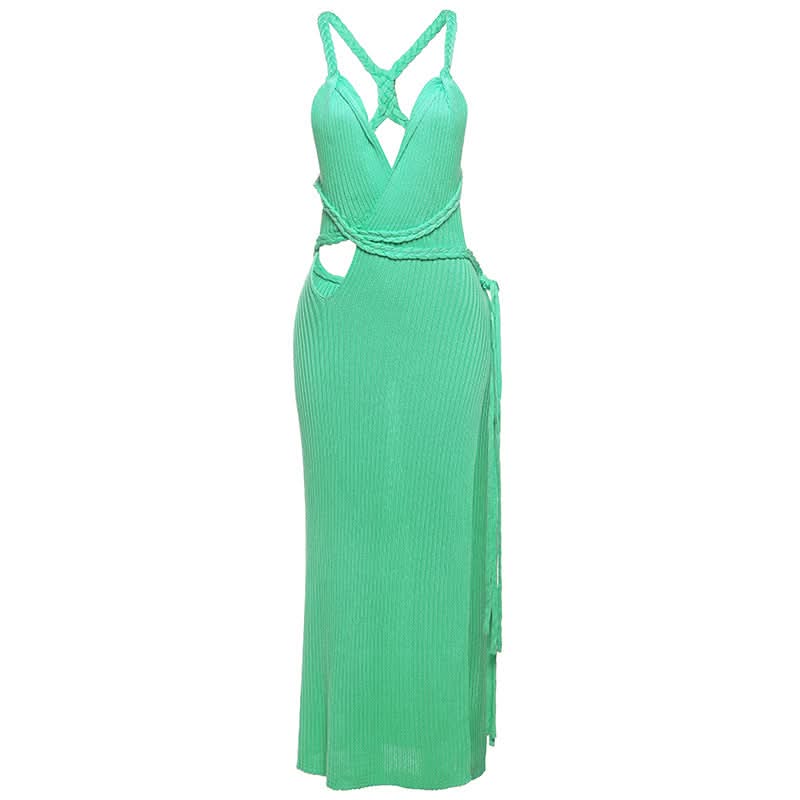Coastal Chic Mint Green Braided Cut-Out Maxi Dress – Ribbed Knit V-Neck & Slit – Fall Getaway Ready