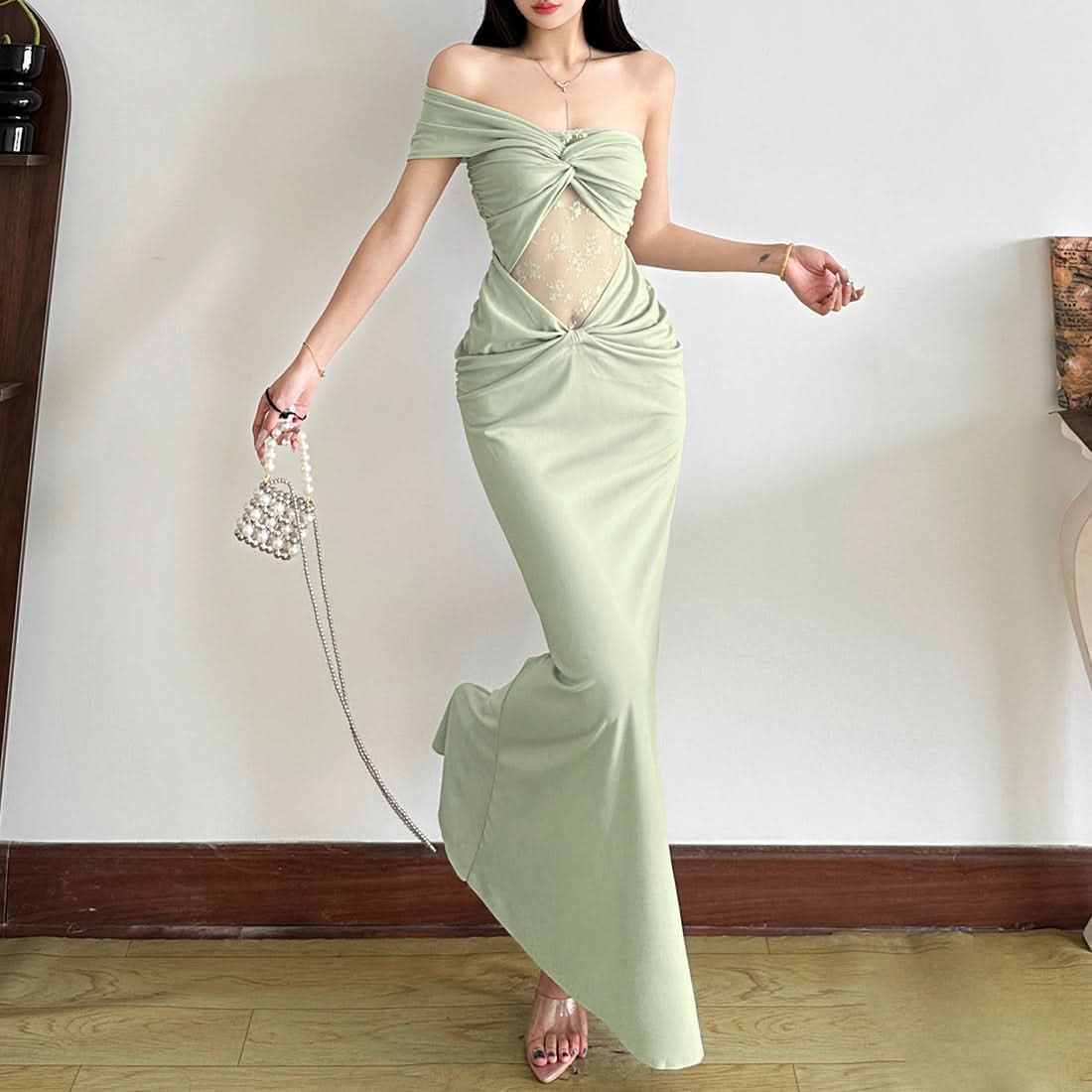 Glamorous Sage Green Off-Shoulder Maxi Dress with Lace Cutout - Fall & Holiday Event Ready