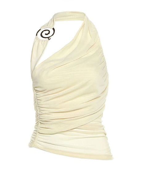 Autumn Elegance: Asymmetrical Halter Ruched Backless Top with Modern Spiral Detail
