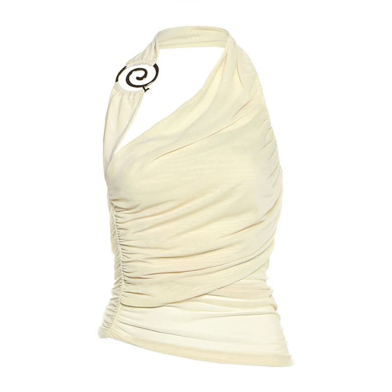 Autumn Elegance: Asymmetrical Halter Ruched Backless Top with Modern Spiral Detail