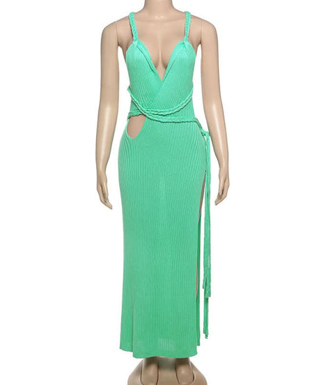 Coastal Chic Mint Green Braided Cut-Out Maxi Dress – Ribbed Knit V-Neck & Slit – Fall Getaway Ready
