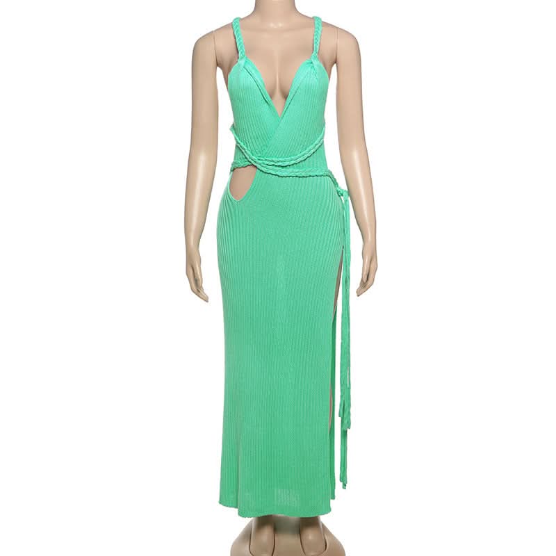 Coastal Chic Mint Green Braided Cut-Out Maxi Dress – Ribbed Knit V-Neck & Slit – Fall Getaway Ready