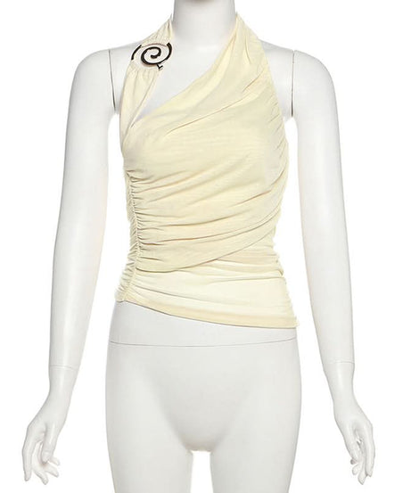 Autumn Elegance: Asymmetrical Halter Ruched Backless Top with Modern Spiral Detail
