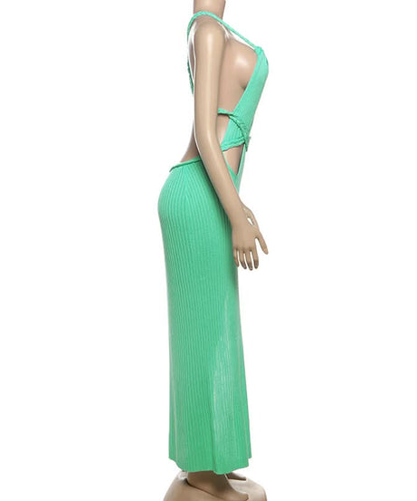 Coastal Chic Mint Green Braided Cut-Out Maxi Dress – Ribbed Knit V-Neck & Slit – Fall Getaway Ready