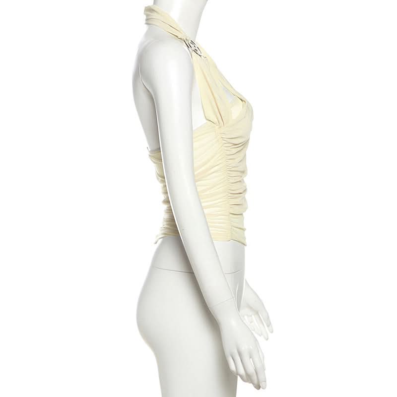 Autumn Elegance: Asymmetrical Halter Ruched Backless Top with Modern Spiral Detail