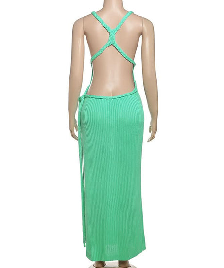 Coastal Chic Mint Green Braided Cut-Out Maxi Dress – Ribbed Knit V-Neck & Slit – Fall Getaway Ready