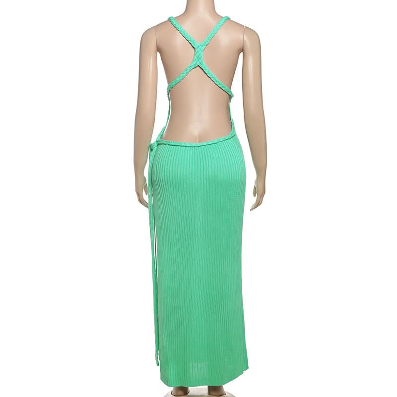 Coastal Chic Mint Green Braided Cut-Out Maxi Dress – Ribbed Knit V-Neck & Slit – Fall Getaway Ready