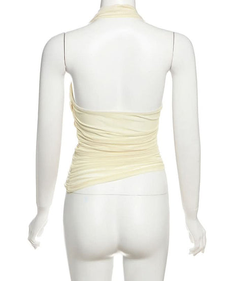 Autumn Elegance: Asymmetrical Halter Ruched Backless Top with Modern Spiral Detail