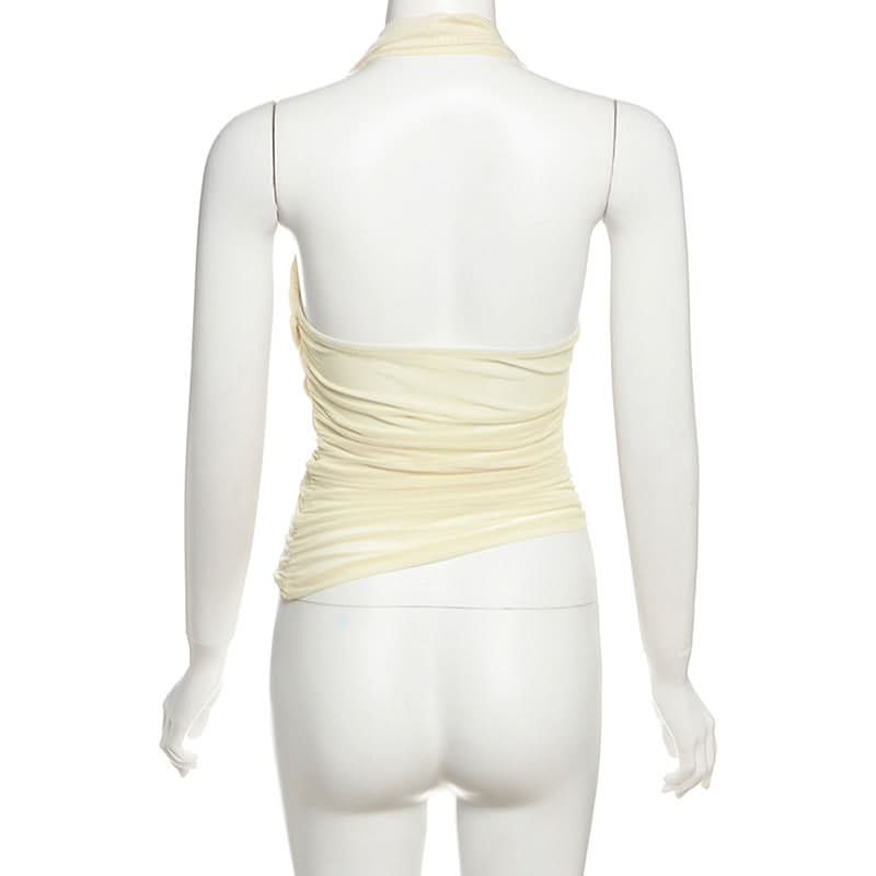 Autumn Elegance: Asymmetrical Halter Ruched Backless Top with Modern Spiral Detail