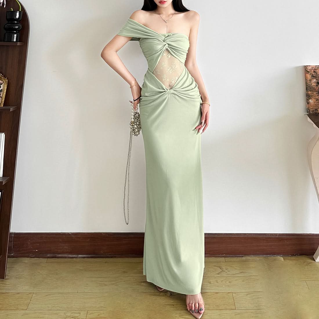 Glamorous Sage Green Off-Shoulder Maxi Dress with Lace Cutout - Fall & Holiday Event Ready