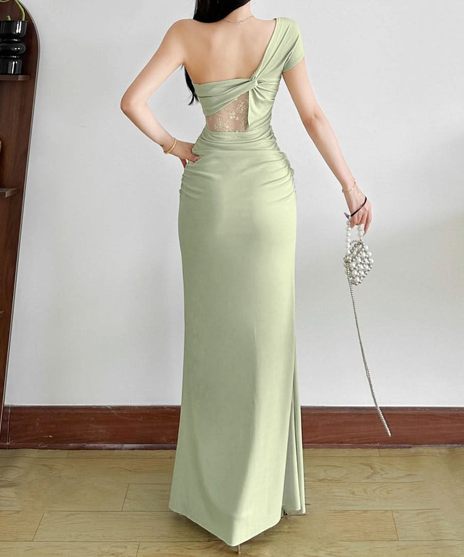 Glamorous Sage Green Off-Shoulder Maxi Dress with Lace Cutout - Fall & Holiday Event Ready