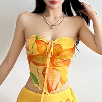 Fall Getaway Golden Lily Tie-Front Tube Top - Chic Strapless Crop for Sunny Escapes