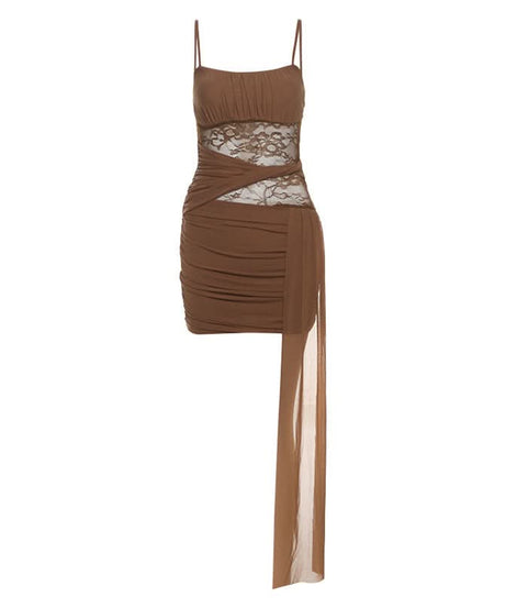 Sultry Mocha Ruched Lace Mini Dress with Daring Asymmetrical Drape - Your Ultimate Fall Party Statement