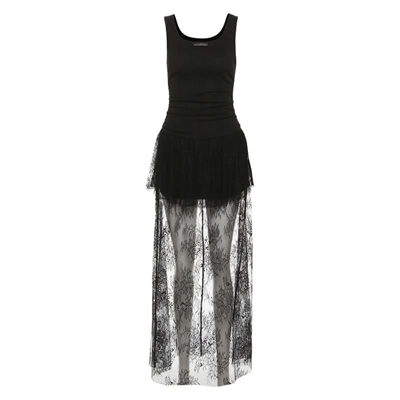 Gothic Chic Black Lace Ruched Maxi Dress - Your Ultimate Fall & Halloween Statement Piece
