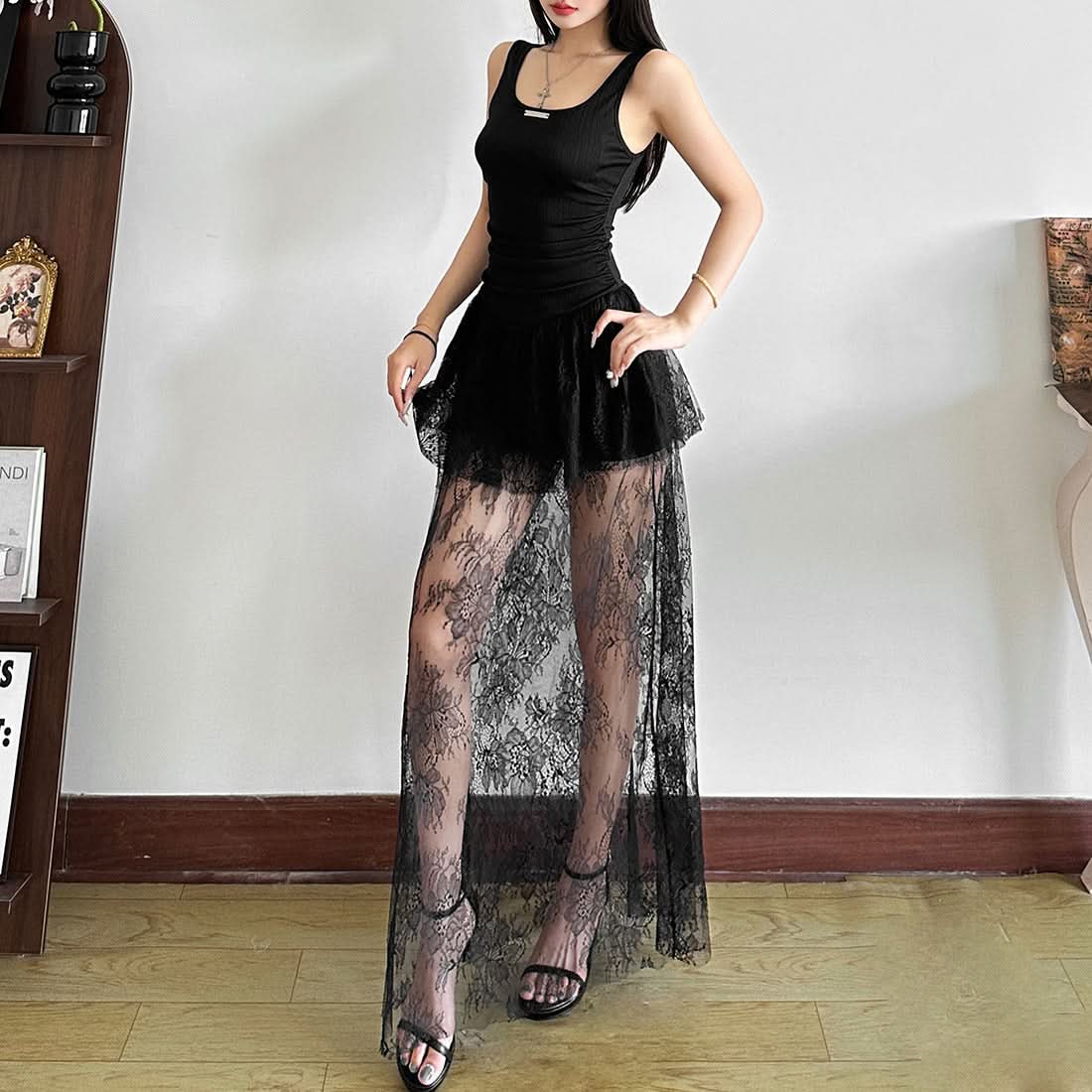 Gothic Chic Black Lace Ruched Maxi Dress - Your Ultimate Fall & Halloween Statement Piece