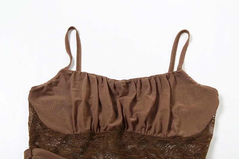 Sultry Mocha Ruched Lace Mini Dress with Daring Asymmetrical Drape - Your Ultimate Fall Party Statement