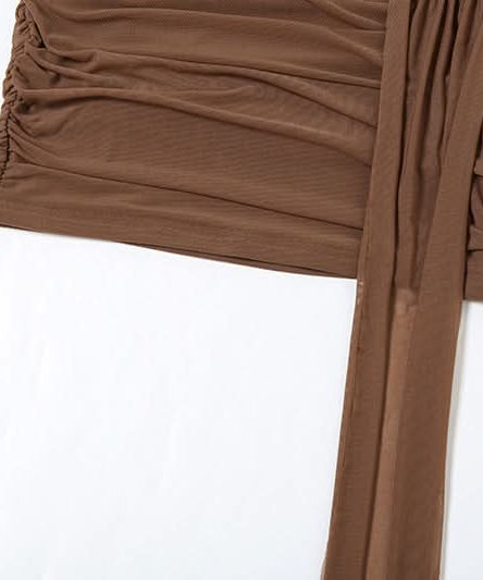 Sultry Mocha Ruched Lace Mini Dress with Daring Asymmetrical Drape - Your Ultimate Fall Party Statement