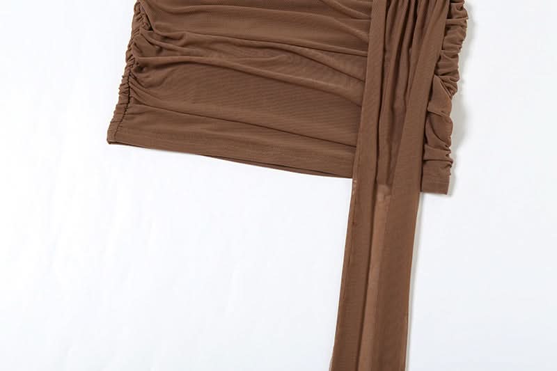 Sultry Mocha Ruched Lace Mini Dress with Daring Asymmetrical Drape - Your Ultimate Fall Party Statement